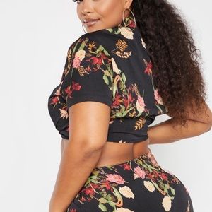 Plus Black Oriental Print Cut Out Crop Top